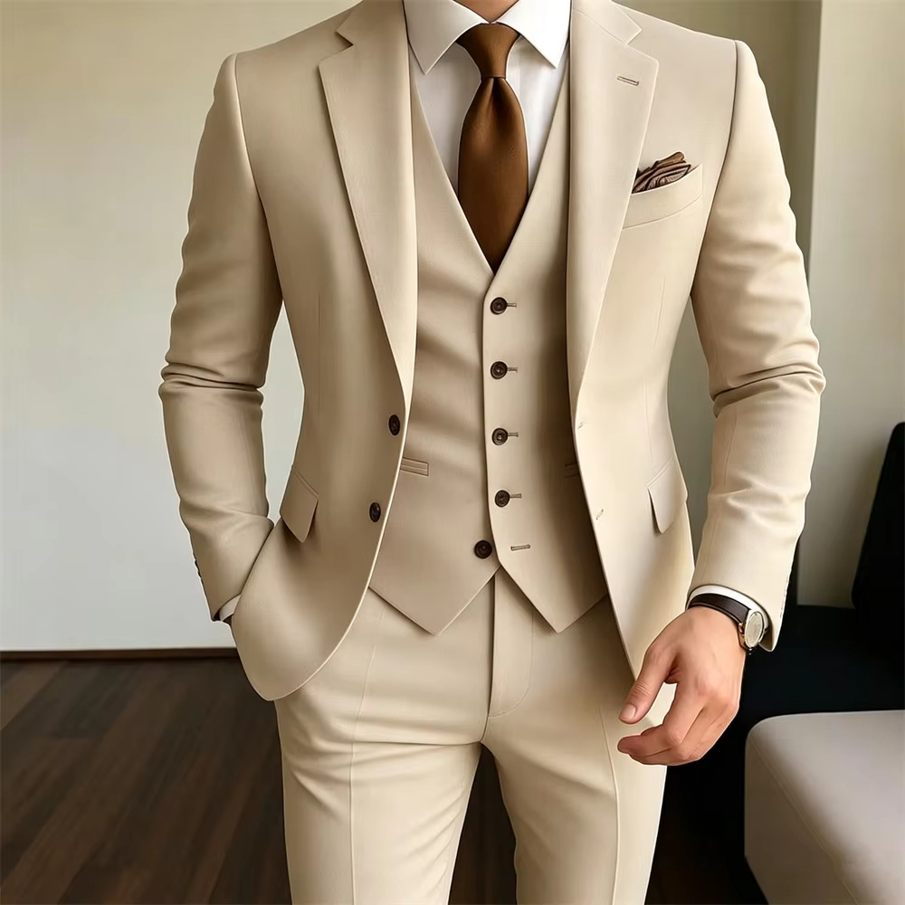 Khaki Formal Wear Men - Khaki Men's Suits 3 Pieces Jacket+Vest+Pant