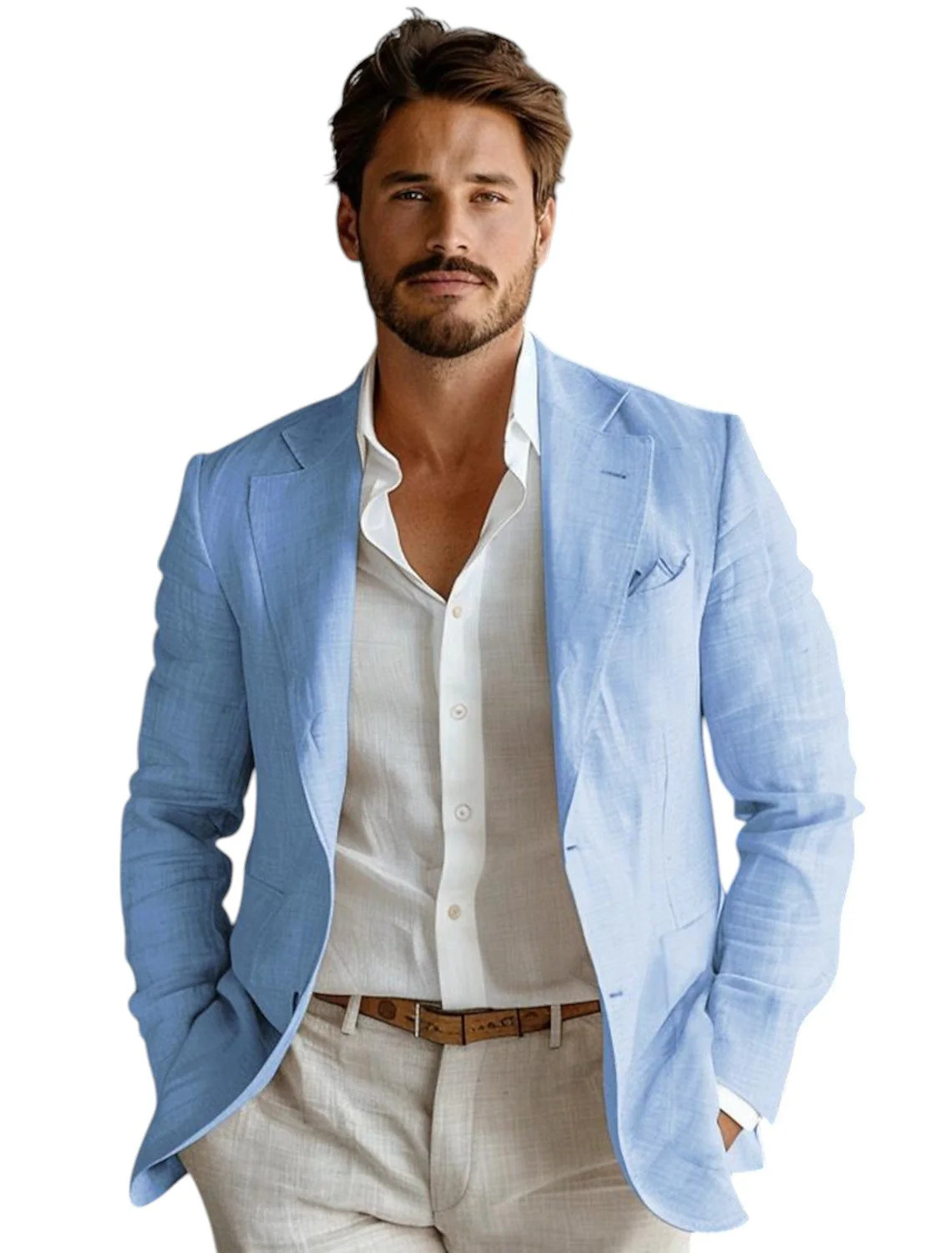 Men Linen Formal Wear - Blue Slim Fit Men's Linen Blazer