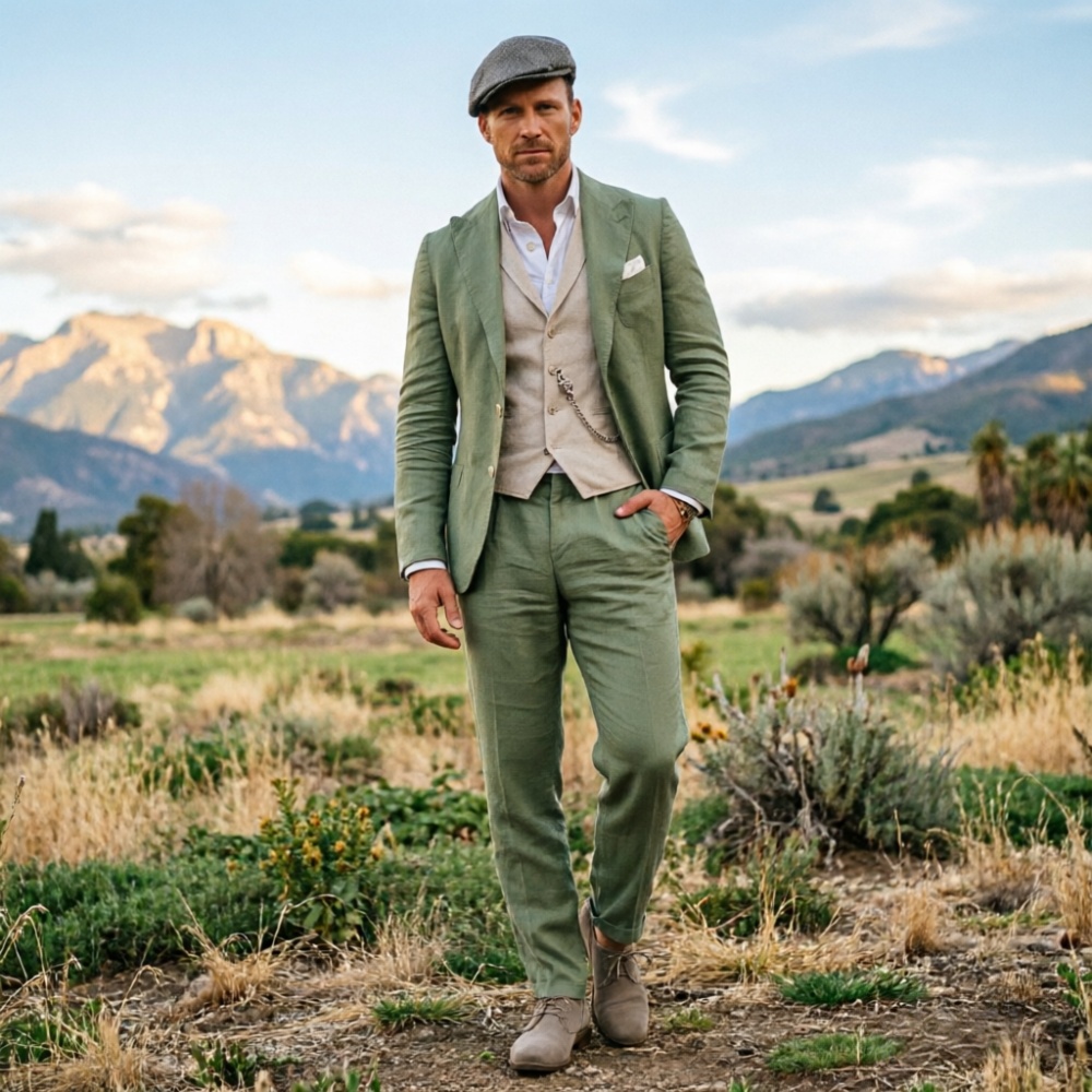 Sage Green Linen Men 3 Piece S - Men Linen Formal Wear review and price
