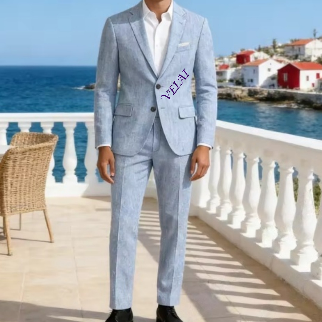 Customized Soft Sky Blue Linen - Men'S Formal Beach Wear review and price