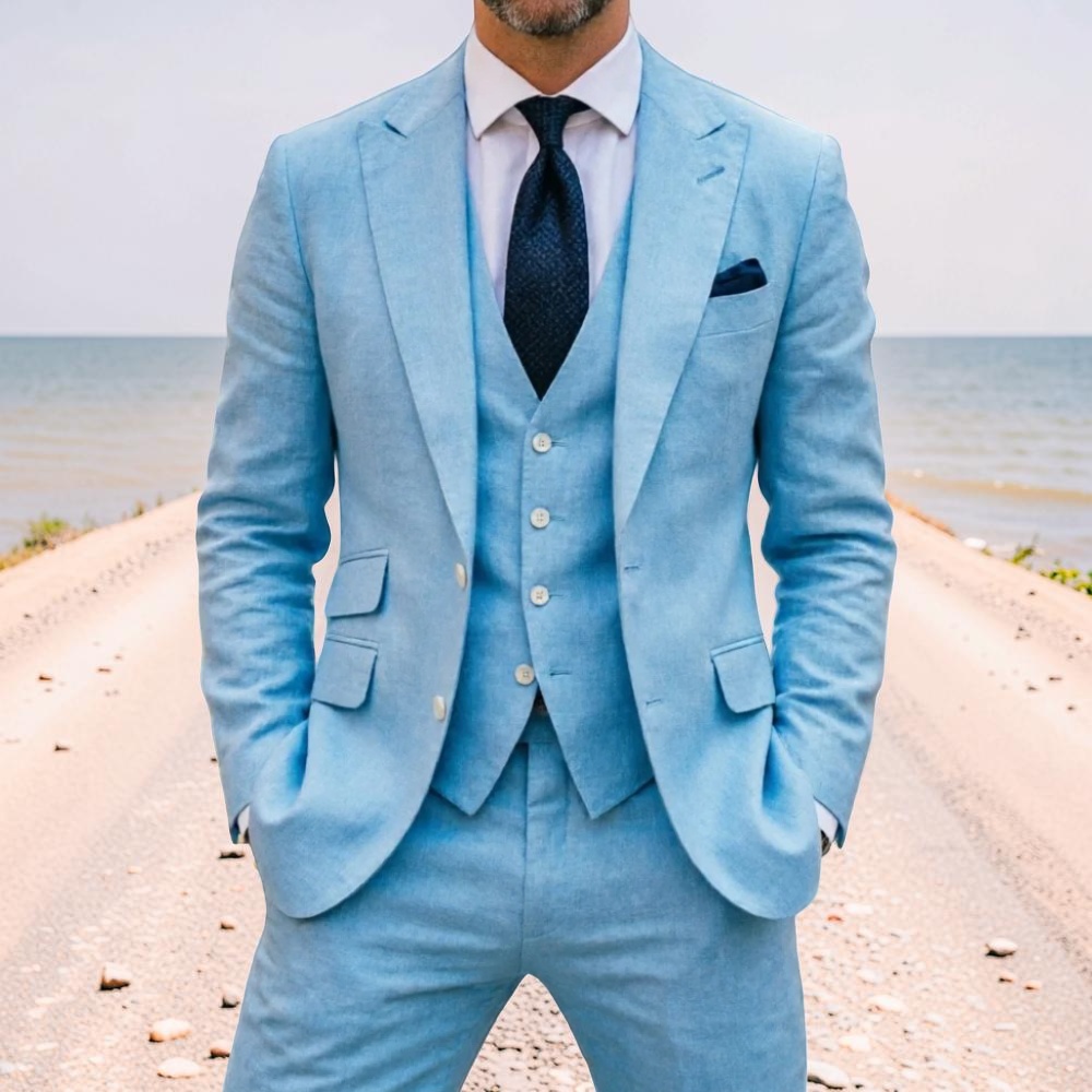 Sky Blue Linen Men Wedding Tux - Men Linen Formal Wear review and price
